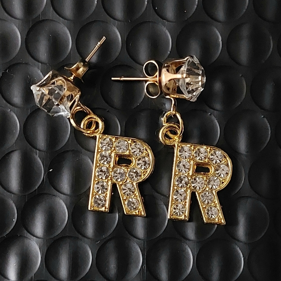 Gold Rhinestone Stud Initial Earrings R - Picture 2 of 4
